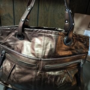 b. makowsky Metallic Bronze Leather Hobo Tote